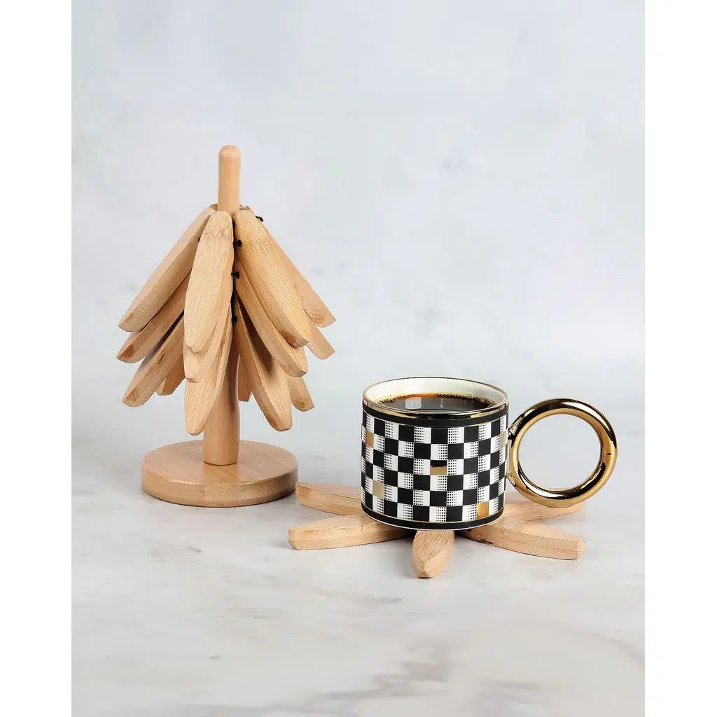 4'lü Standlı Ahşap Nihale - Bambu Nihale - Pratik Katlanır Nihale - Bambu Bardak Altlığı