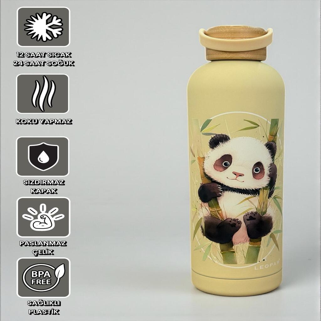 Bambu Kapaklı Krem Renk Panda Figürlü 1000 ml Paslanmaz Çelik Termos