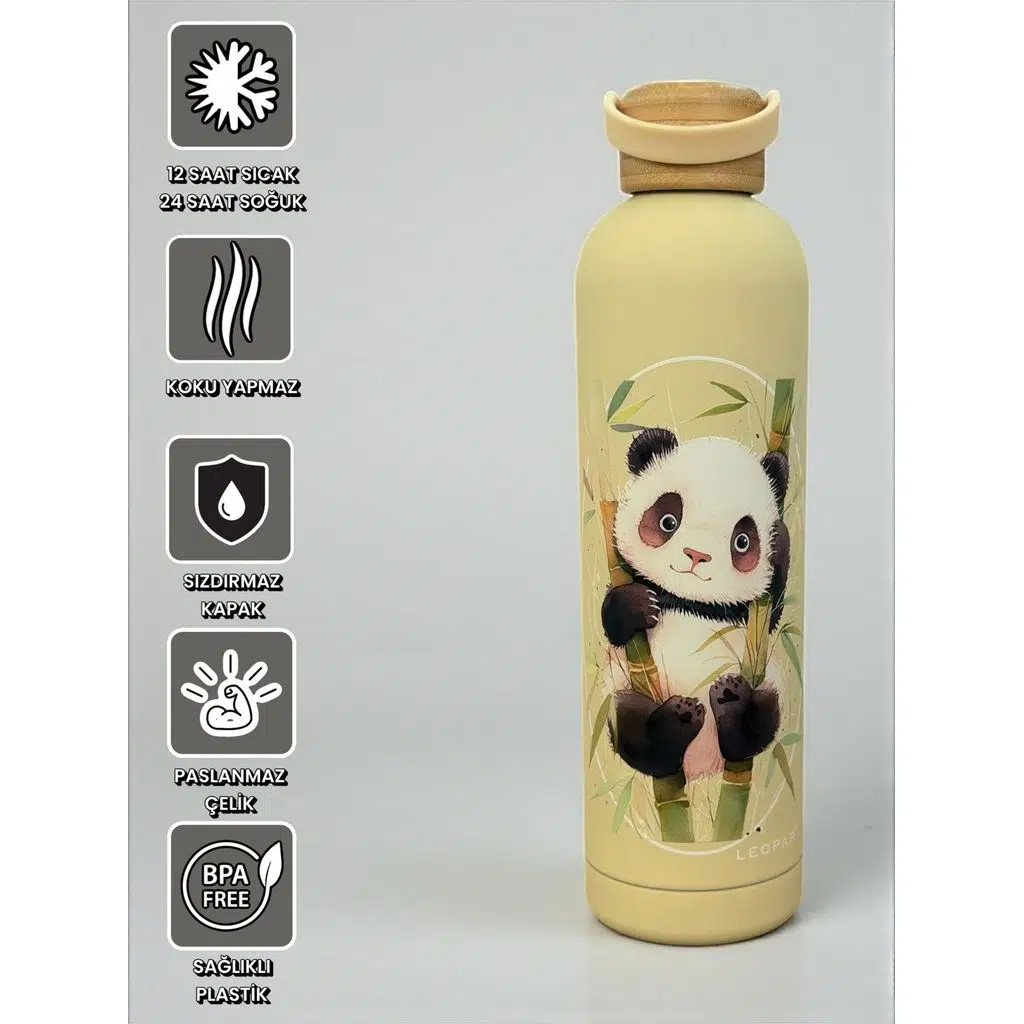 Bambu Kapaklı Krem Renk Panda Figürlü 1000 ml Paslanmaz Çelik Termos