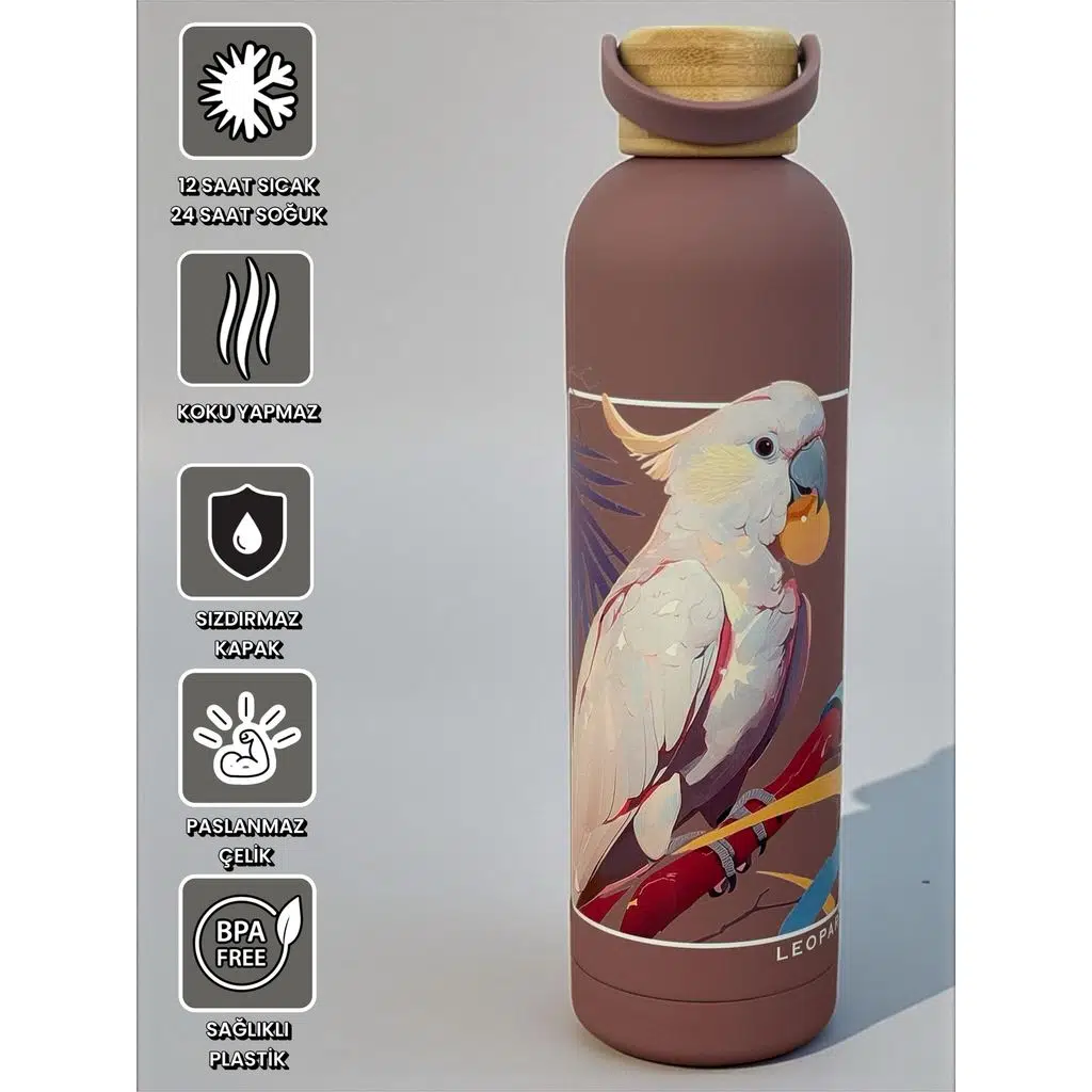 Bambu Kapaklı Pembe Renk Papağan Figürlü 1000 ml Paslanmaz Çelik Termos