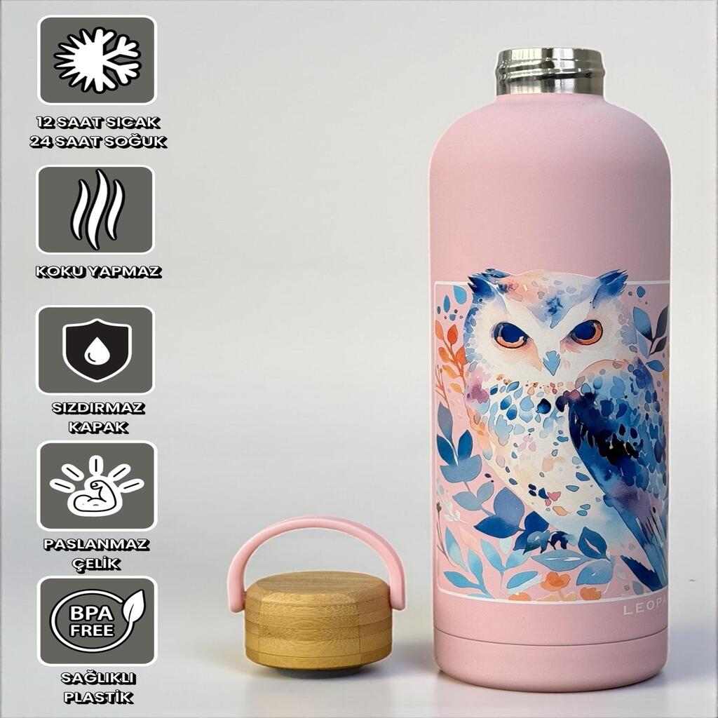 Bambu Kapaklı Pembe Baykuş Figürlü 1000 ml Paslanmaz Çelik Termos 