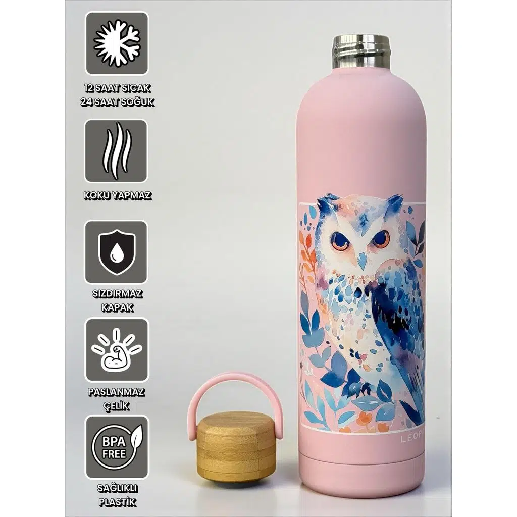 Bambu Kapaklı Pembe Renk Baykuş Figürlü 500 ml Paslanmaz Çelik Termos