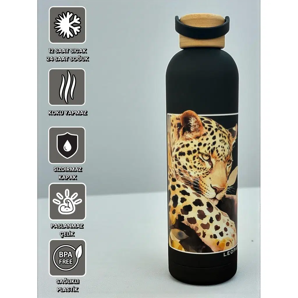 Bambu Kapaklı Siyah Renk Leopar Figürlü 1000 ml Paslanmaz Çelik Termos