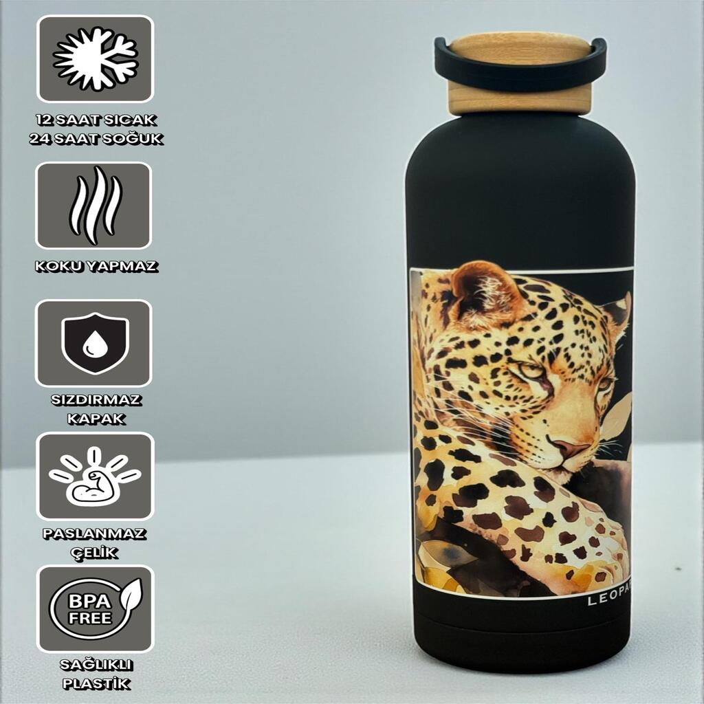 Bambu Kapaklı Siyah Renk Leopar Figürlü 500 ml Paslanmaz Çelik Termos