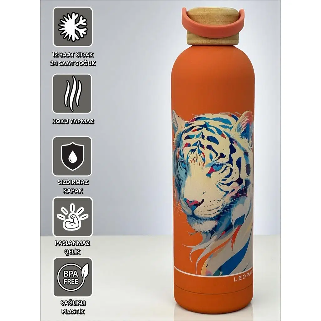 Bambu Kapaklı Turuncu Renk Kaplan Figürlü 500 ml Paslanmaz Çelik Termos