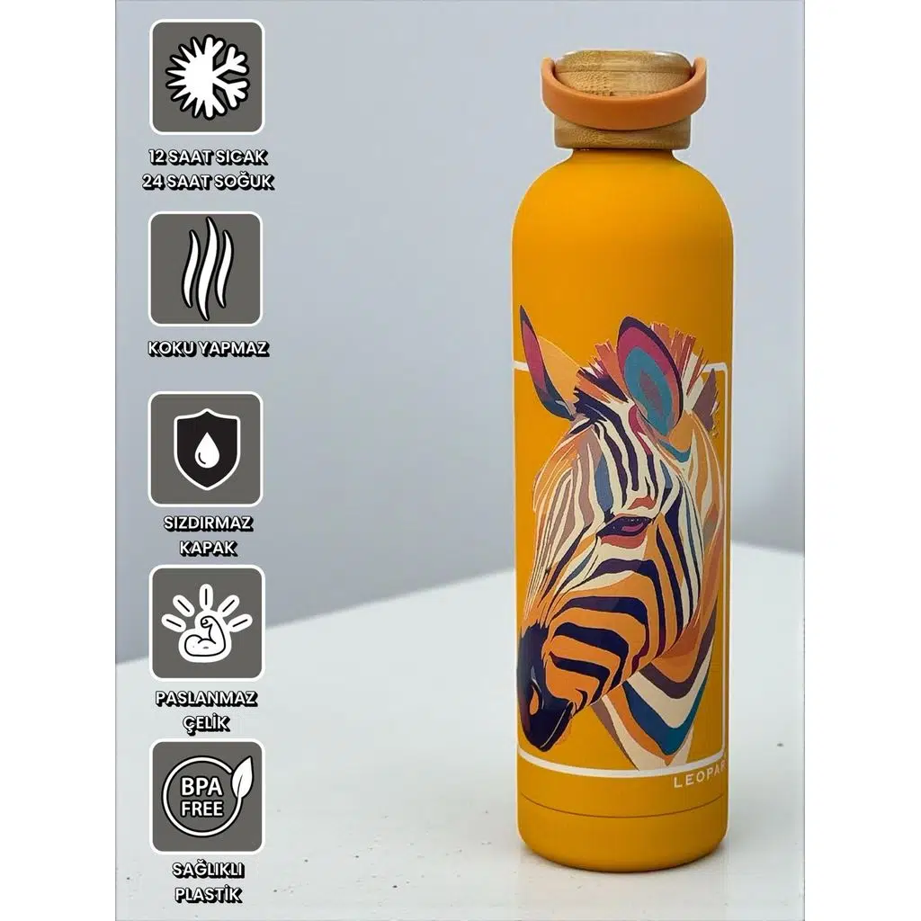 Bambu Kapaklı Turuncu Renk Zebra Figürlü 1000 ml Paslanmaz Çelik Termos