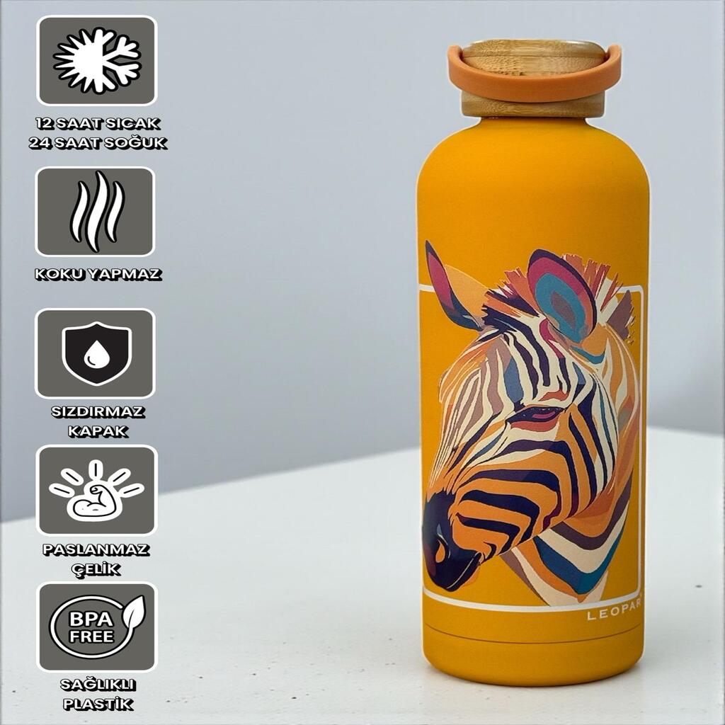 Bambu Kapaklı Turuncu Renk Zebra Figürlü 500 ml Paslanmaz Çelik Termos