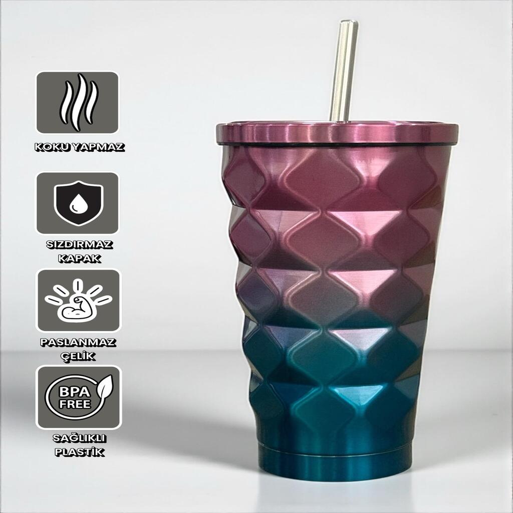 Blueberry Renkli Geometrik Pipetli Termos 500 Ml-Soğuk ve Sıcak İçecekler İçin
