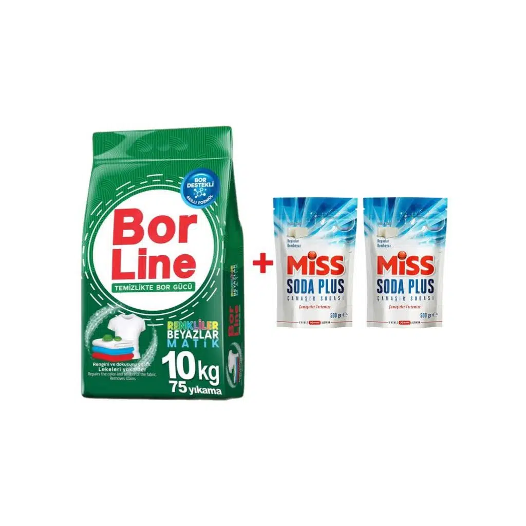 Borline 1 Adet 10 kg Renkliler ve Beyazlar İçin Toz Deterjanı 2 Adet Miss Soda Plus 500 gr