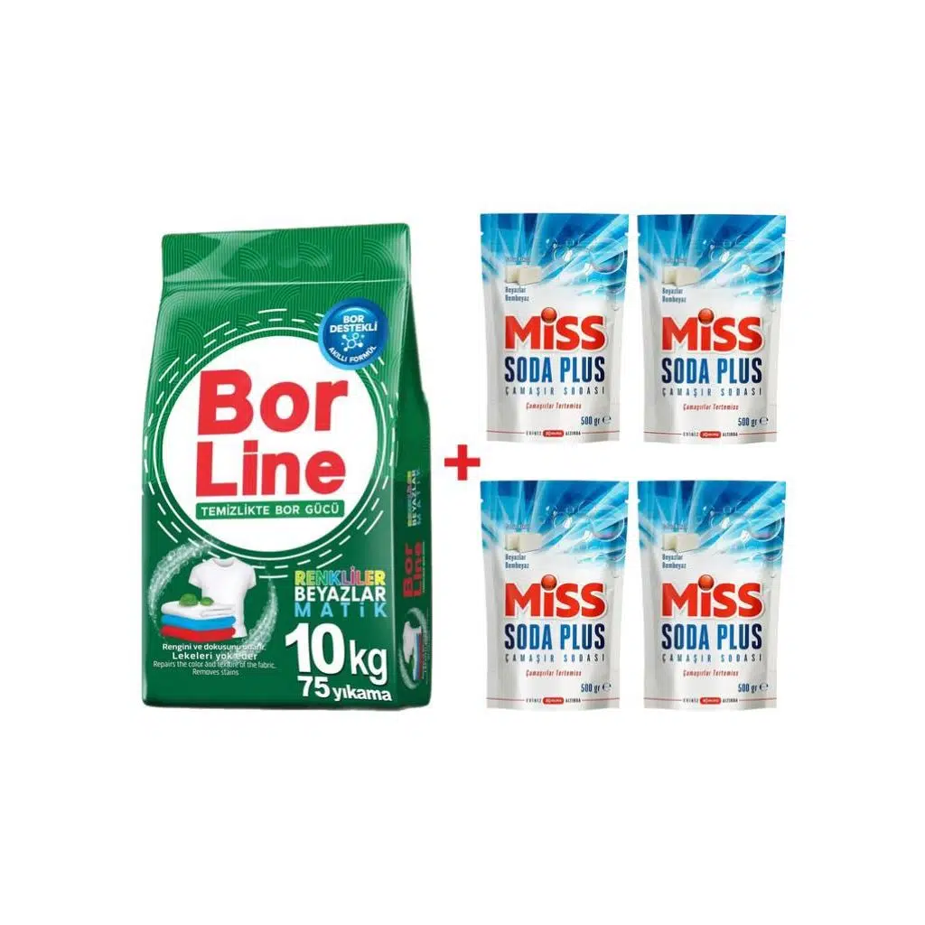 Borline 1 Adet 10 kg Renkliler ve Beyazlar İçin Toz Deterjanı 4 Adet Miss Soda Plus 500 gr