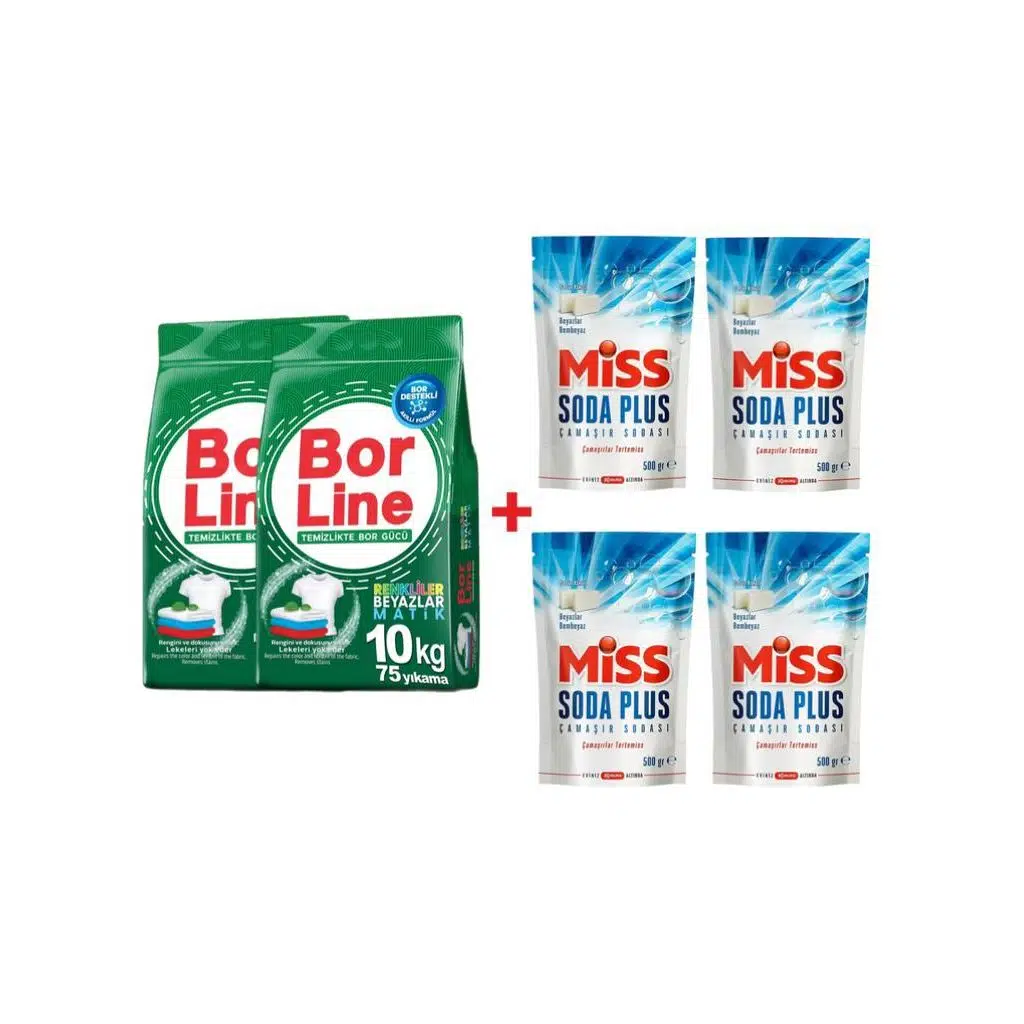 Borline 2 Adet 10 kg Renkliler ve Beyazlar İçin Toz Deterjanı 4 Adet Miss Soda Plus 500 gr