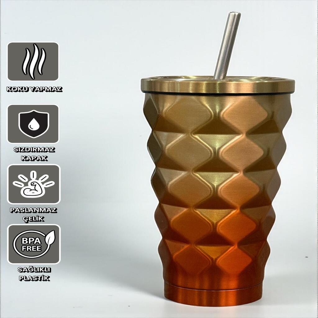 Cappuccino Renkli Geometrik Pipetli Termos 500 Ml-Soğuk ve Sıcak İçecekler İçin