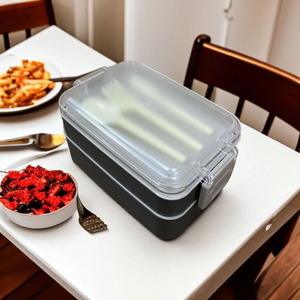 Dikdörtgen İki Katlı Gri Renk 900 ml Lunch Box Beslenme Kutusu Beslenme Kabı Seti Saklama Kabı 