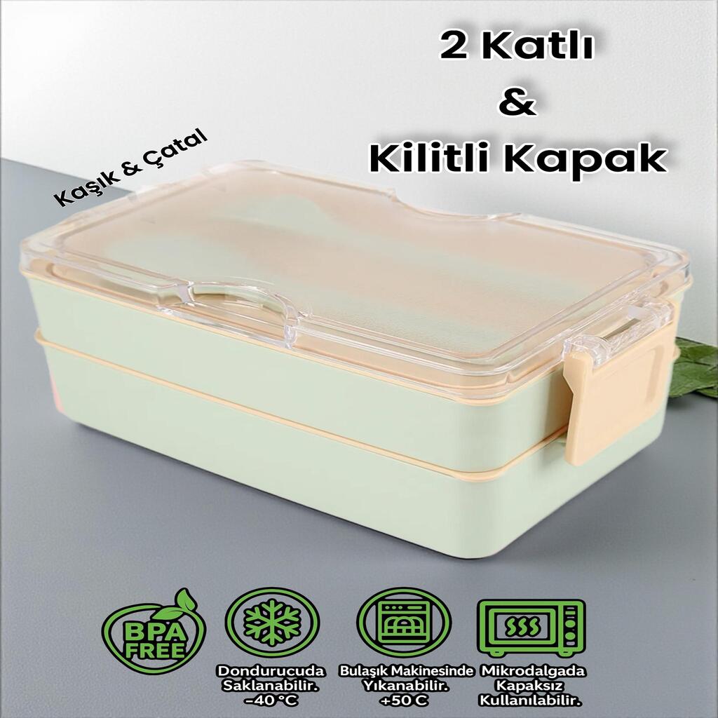 Dikdörtgen İki Katlı Lunch Box Açık Yeşil Renk Beslenme Kutusu Saklama Kutusu 