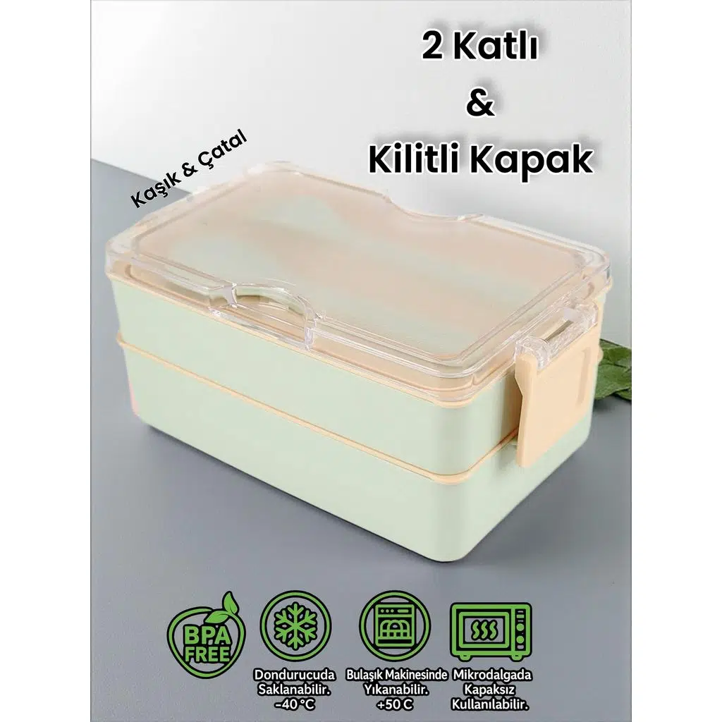 Dikdörtgen İki Katlı Lunch Box Açık Yeşil Renk Beslenme Kutusu Saklama Kutusu 