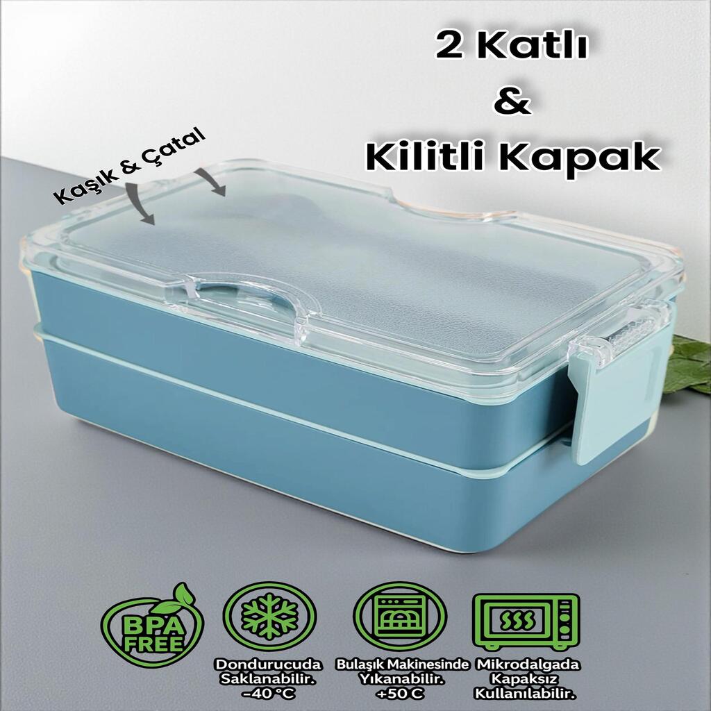 Dikdörtgen İki Katlı Lunch Box Mavi Renk Beslenme Kutusu Saklama Kutusu 