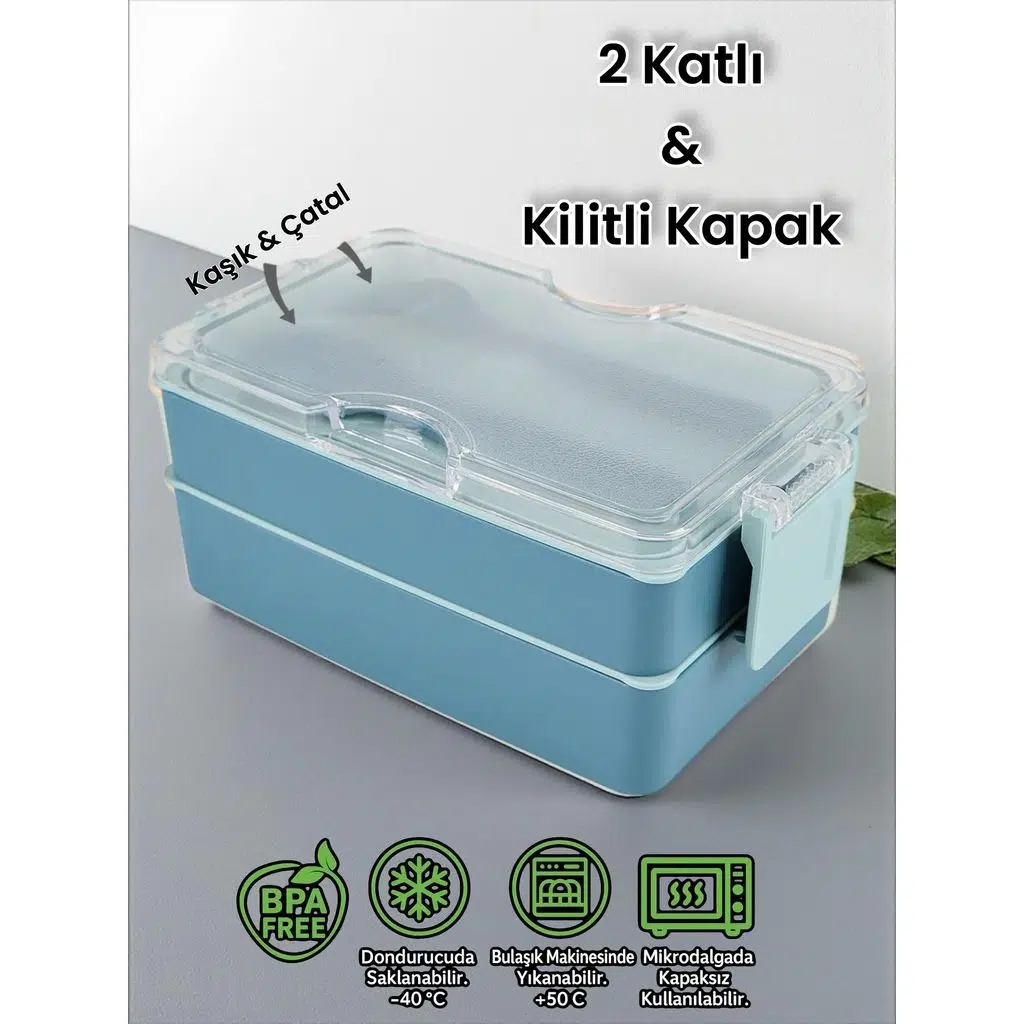 Dikdörtgen İki Katlı Lunch Box Mavi Renk Beslenme Kutusu Saklama Kutusu 