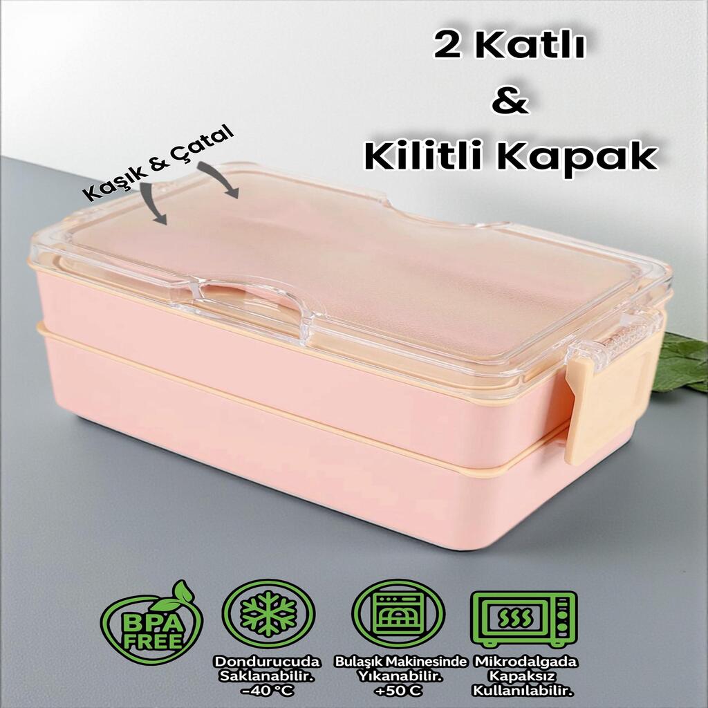 Dikdörtgen İki Katlı Lunch Box Pembe Renk Beslenme Kutusu Saklama Kutusu 