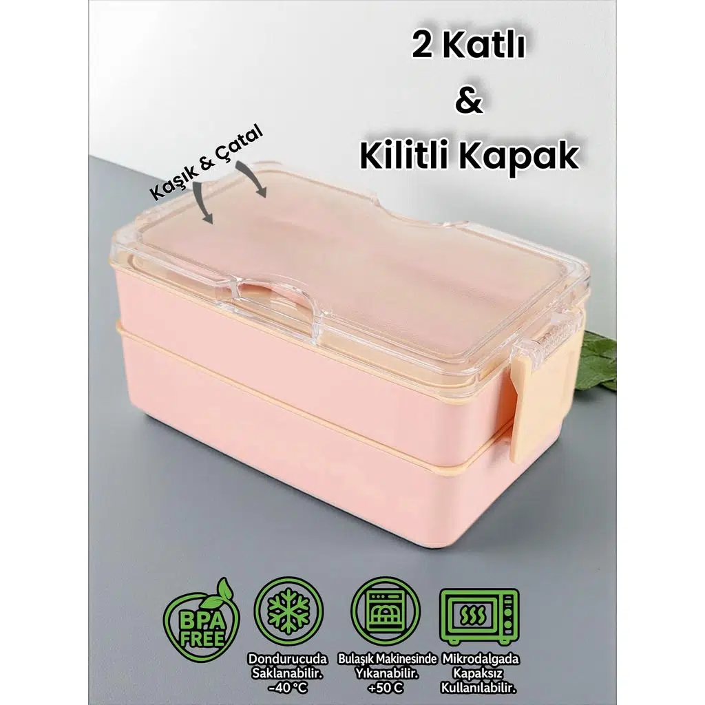 Dikdörtgen İki Katlı Lunch Box Pembe Renk Beslenme Kutusu Saklama Kutusu 