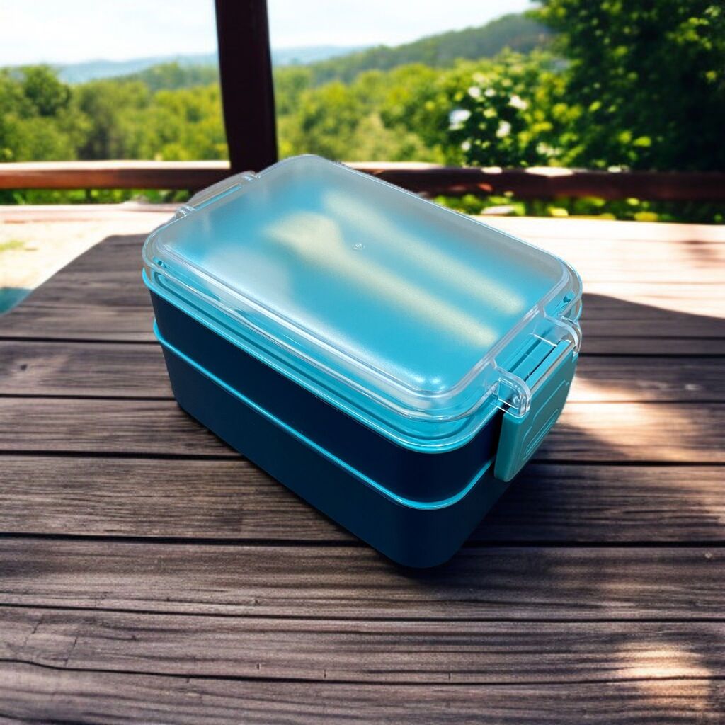 Dikdörtgen İki Katlı Mavi Renk 900 ml Lunch Box Beslenme Kutusu Beslenme Kabı Seti Saklama Kabı