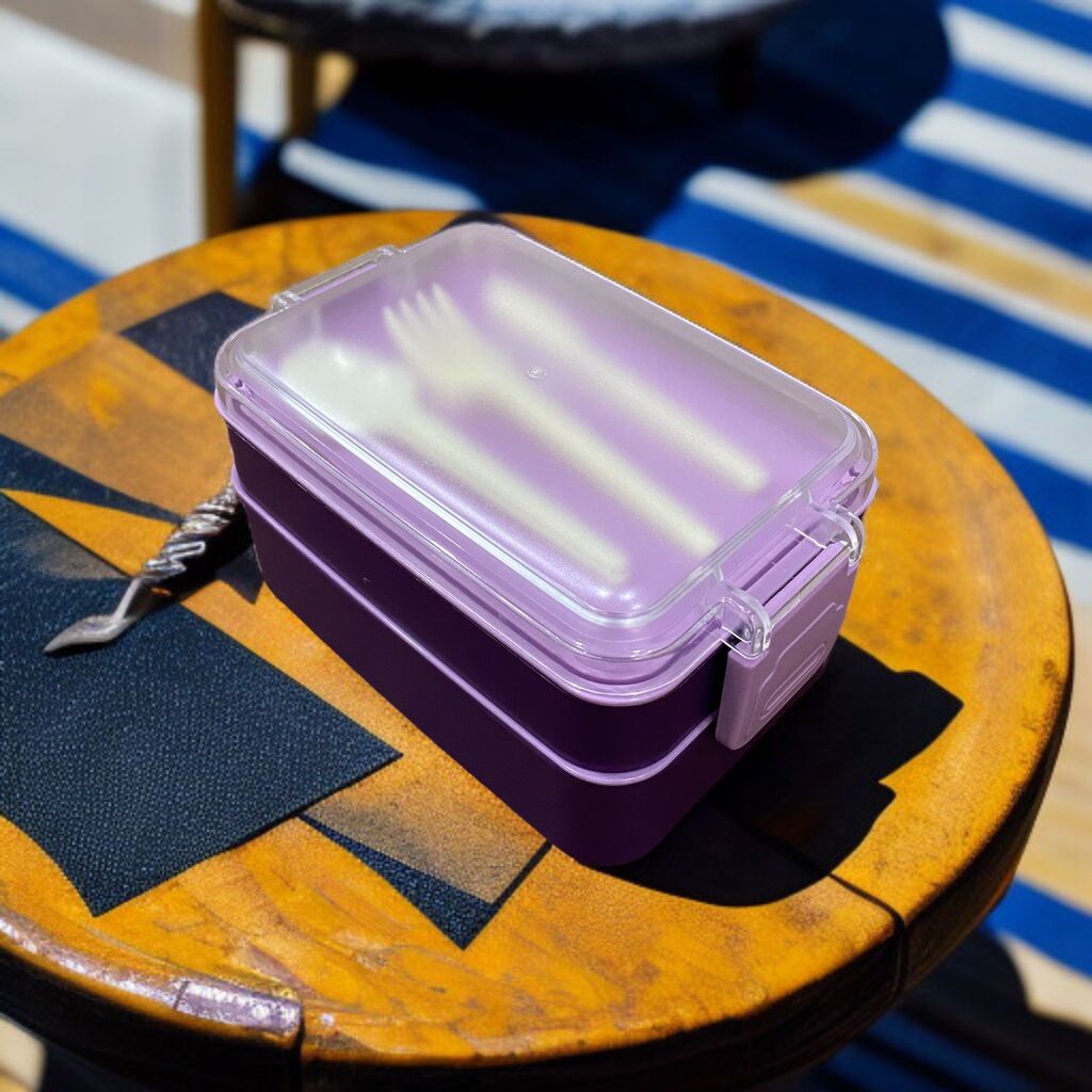 Dikdörtgen İki Katlı Mor Renk 900 ml Lunch Box Beslenme Kutusu Beslenme Kabı Seti Saklama Kabı 