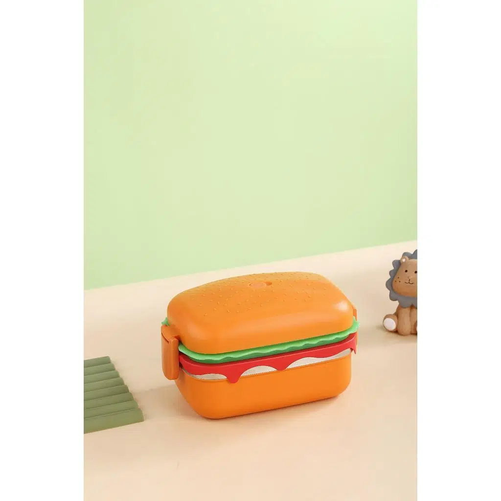 Hamburger Desenli Dikdörtgen Çelik İki Katlı Vakumlu Beslenme Kabı Saklama Kabı