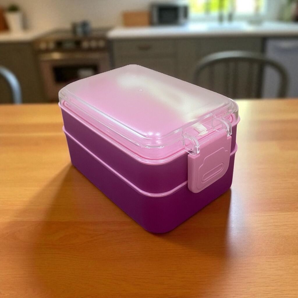 İki Katlı Fuşya Renk 900 ml Lunch Box Beslenme Kutusu Beslenme Kabı Seti Saklama Kabı 