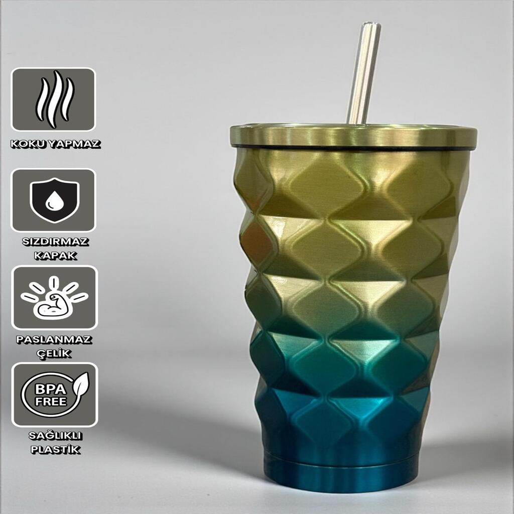 Mango Renkli Geometrik Pipetli Termos 500 Ml-Soğuk ve Sıcak İçecekler İçin