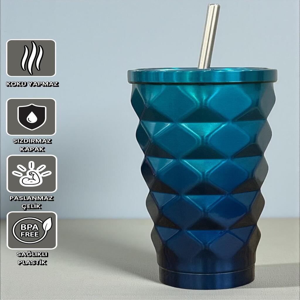 Ocean Renkli Geometrik Pipetli Termos 500 Ml-Soğuk ve Sıcak İçecekler İçin