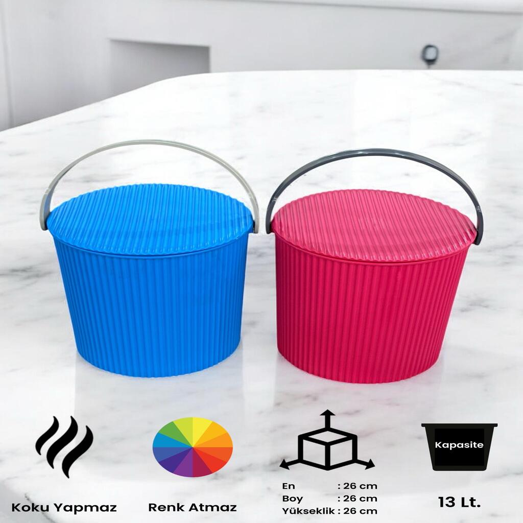 Rainbow 2’li Mavi-Pembe Büyük Boy 13 Litre Yuvarlak Kova Piknik Sepeti Meyve Kovası