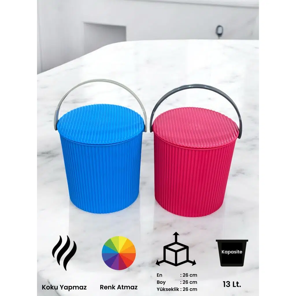 Rainbow 2’li Mavi-Pembe Büyük Boy 13 Litre Yuvarlak Kova Piknik Sepeti Meyve Kovası