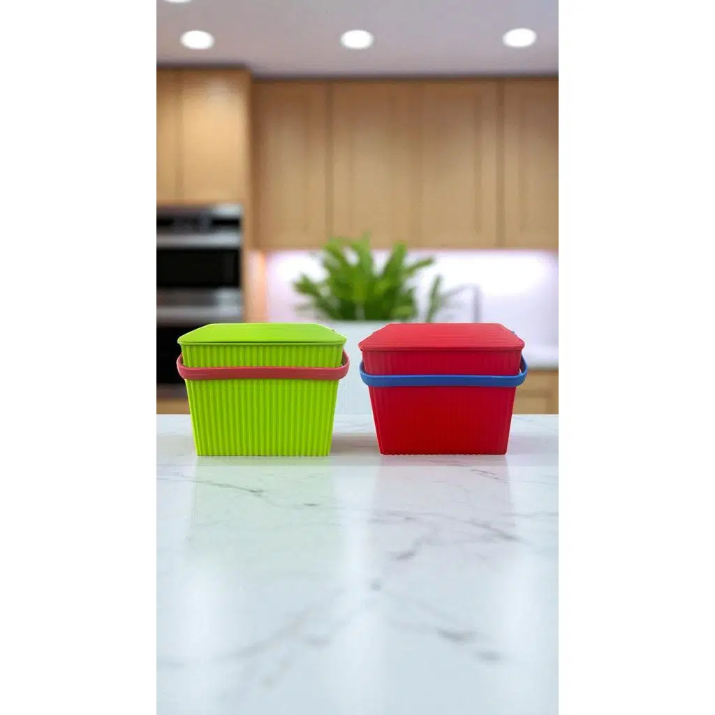 Rainbow 2'li Yeşil Kırmızı Kare Kova Piknik Sepeti Meyve Kovası