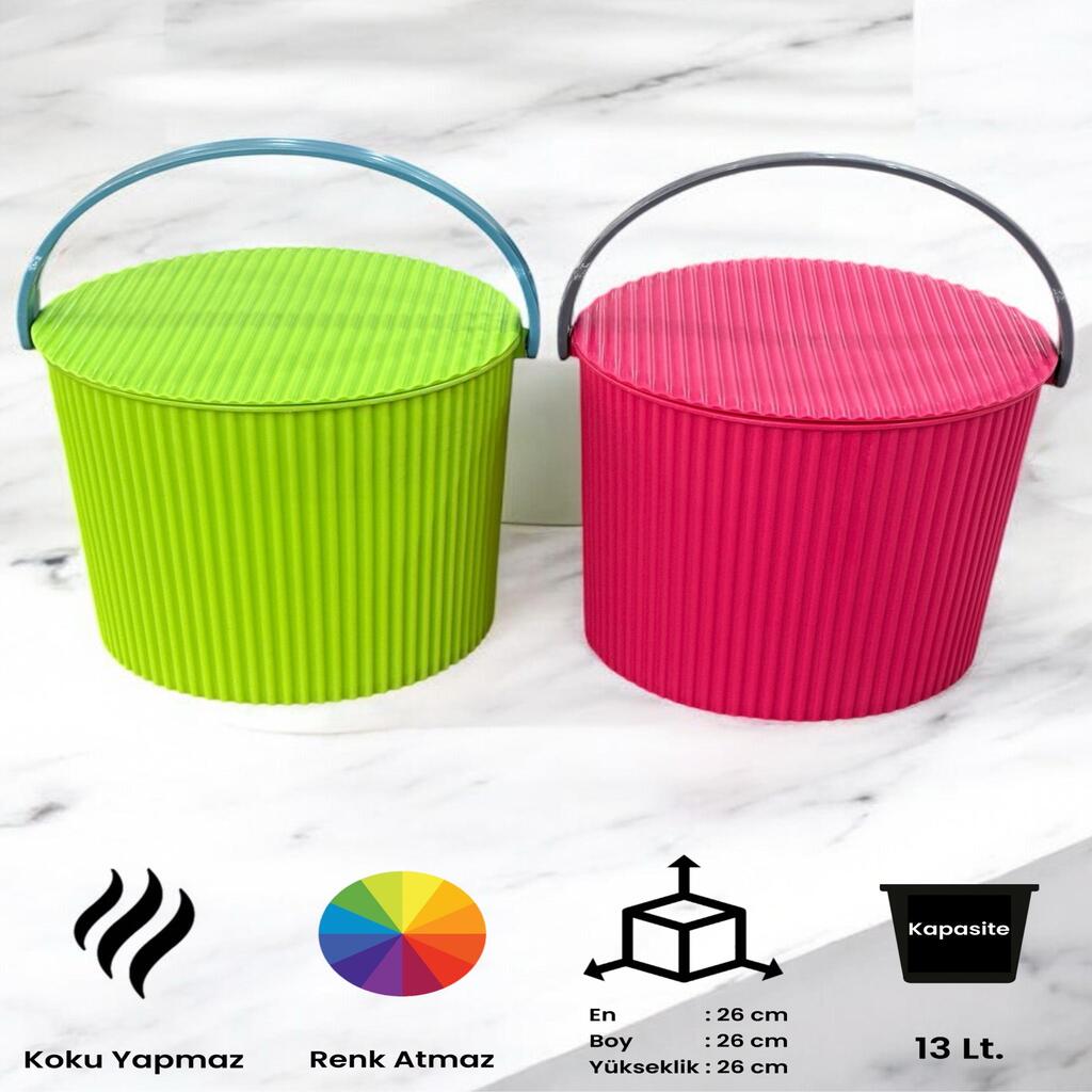 Rainbow 2’li Yeşil-Pembe Büyük Boy 13 Litre Yuvarlak Kova Piknik Sepeti Meyve Kovası
