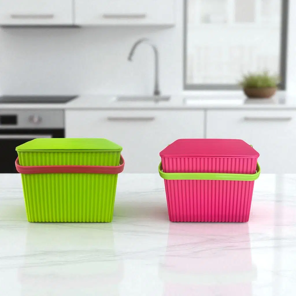 Rainbow 2'li Yeşil Pembe Kare Kova Piknik Sepeti Meyve Kovası