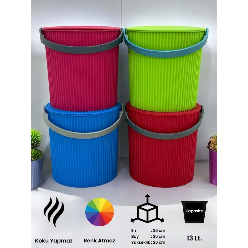 Rainbow 4’lü Mavi-Yeşil-Kırmızı-Pembe Büyük Boy 13 Litre Yuvarlak Kova Piknik Sepeti Meyve Kovası