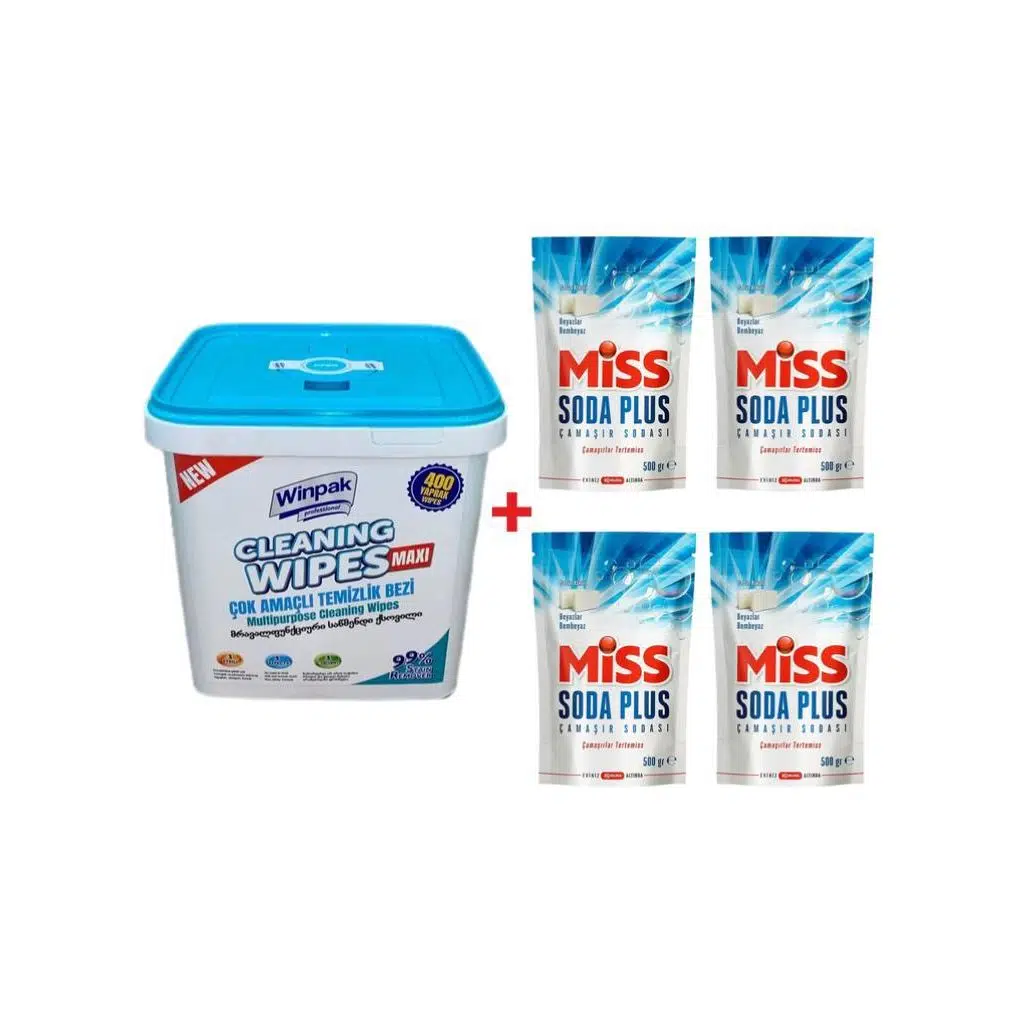 Winpak 1 Adet CLEANING WIPES 400 Yaprak Çok Amaçlı Temizlik Bezi Havlusu 4 Adet Miss Soda Plus 500 gr